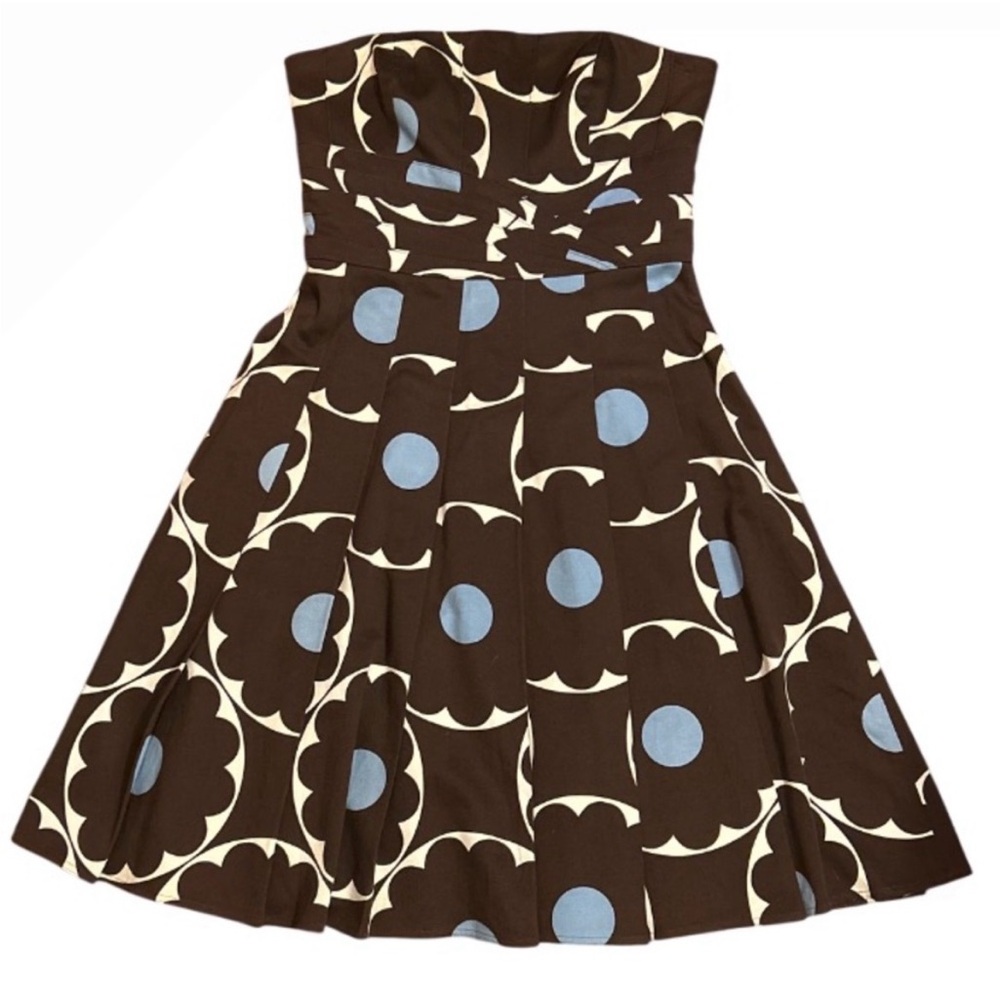 Kay Unger Vintage-style Strapless Dress Featuring Brown Blue Geometric Pattern